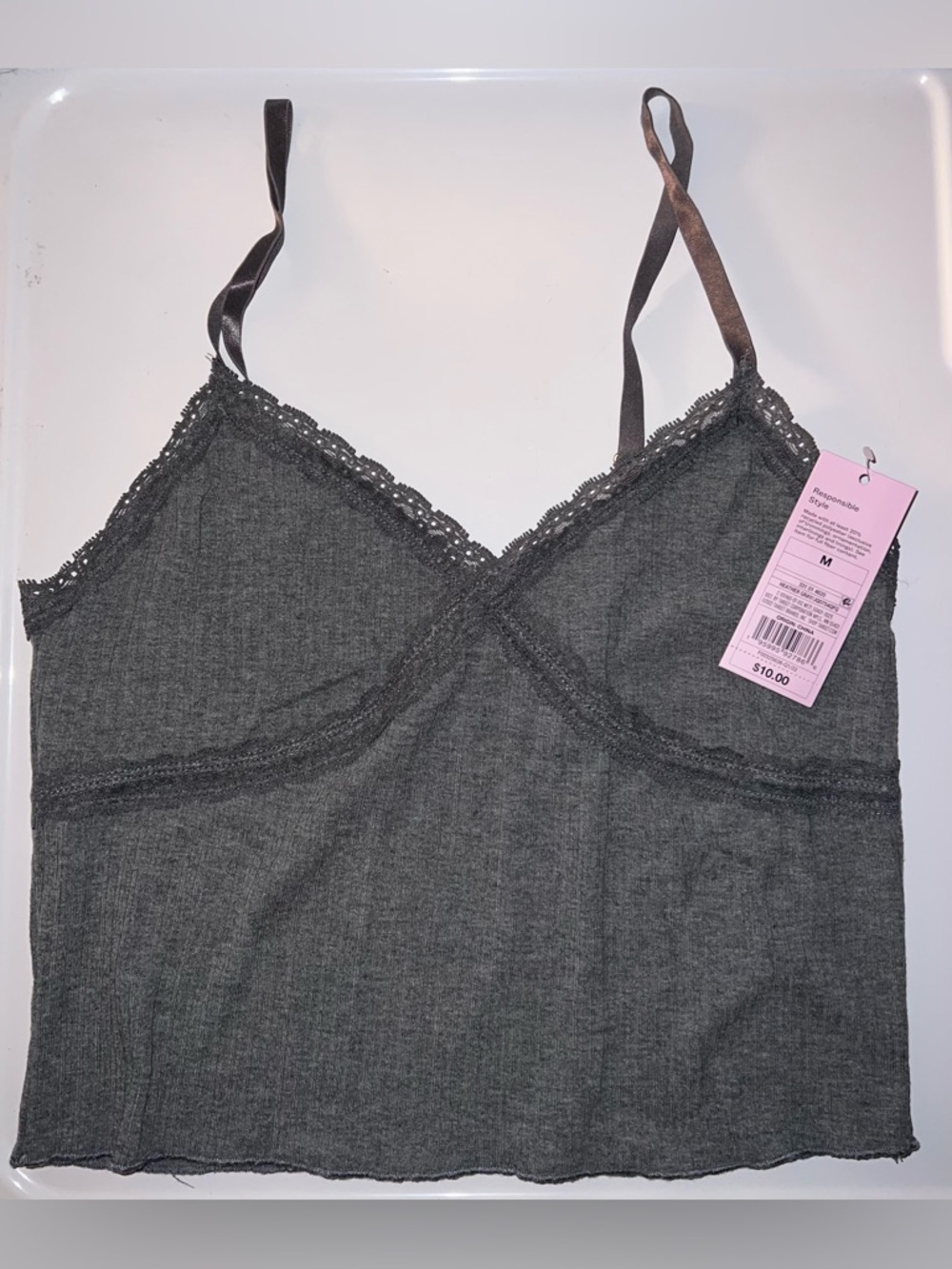 Wild Fable Ribbed Lace-Trim Cropped Tank Top